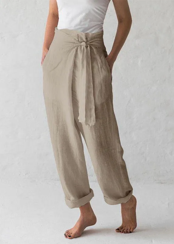 Women Cotton Belted High Waist Casual Wide Leg Harem Pants