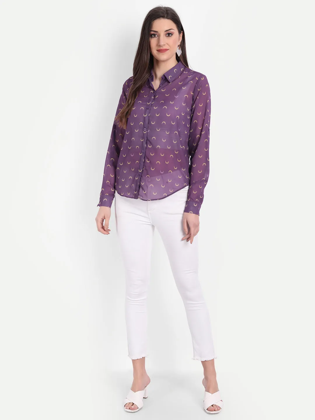 Women Purple Relaxed Semi Sheer Printed Casual Shirt