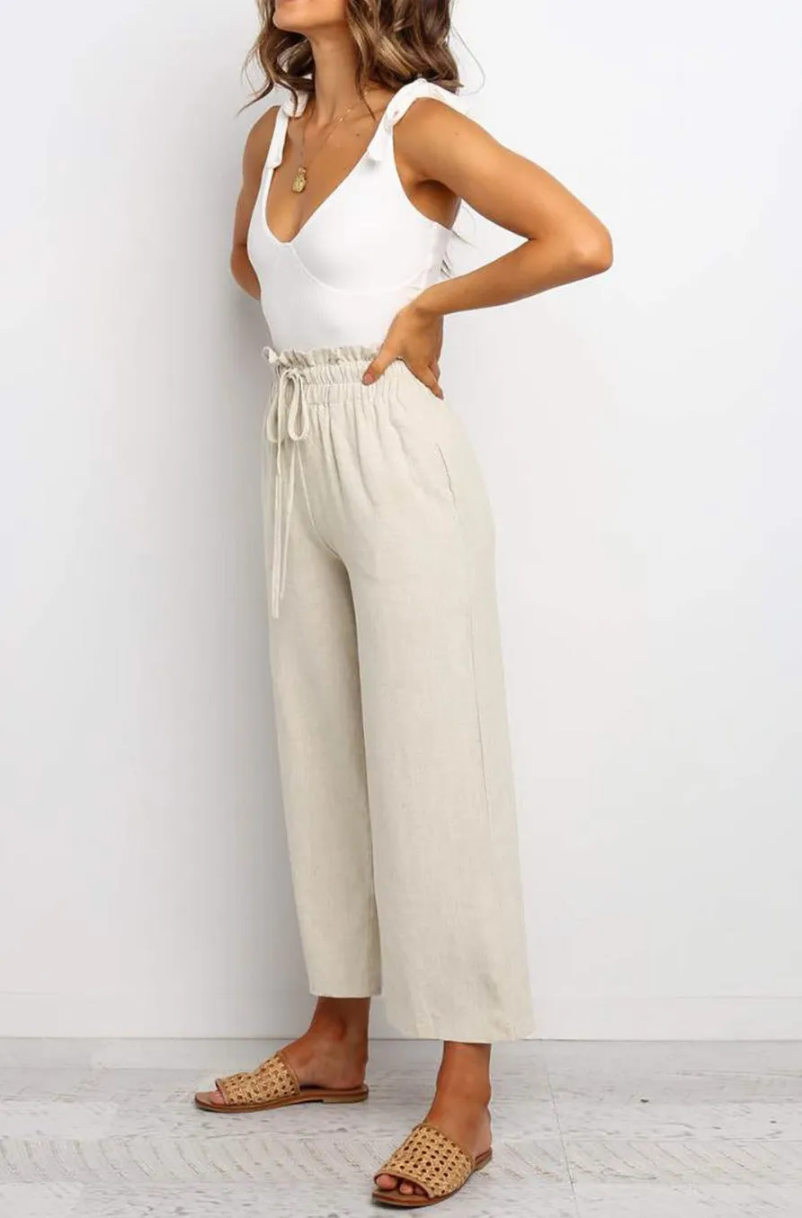 Women's High Waist Paper Bag Straight Leg Cropped Long Pants with Pocket