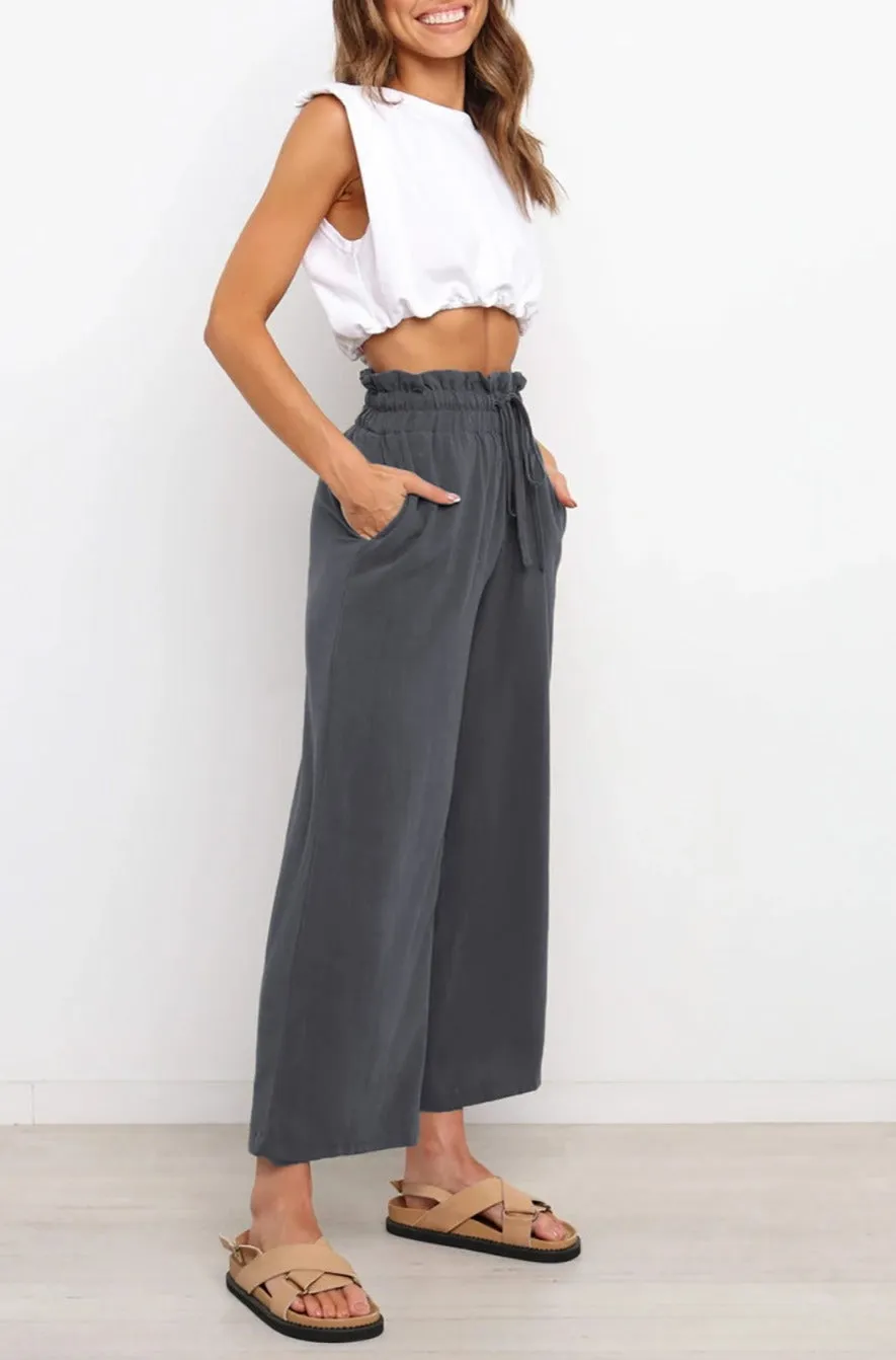 Women's High Waist Paper Bag Straight Leg Cropped Long Pants with Pocket