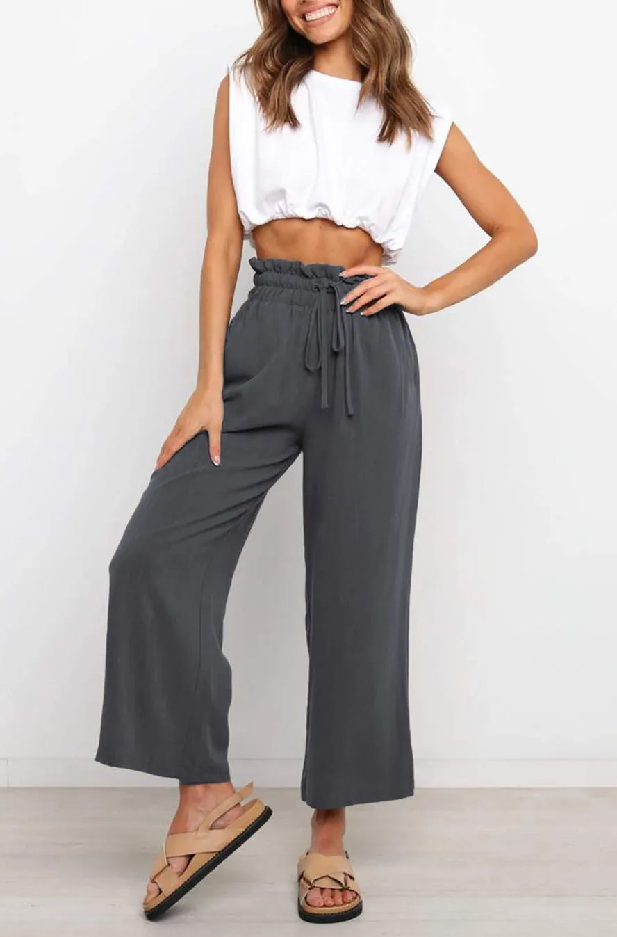 Women's High Waist Paper Bag Straight Leg Cropped Long Pants with Pocket