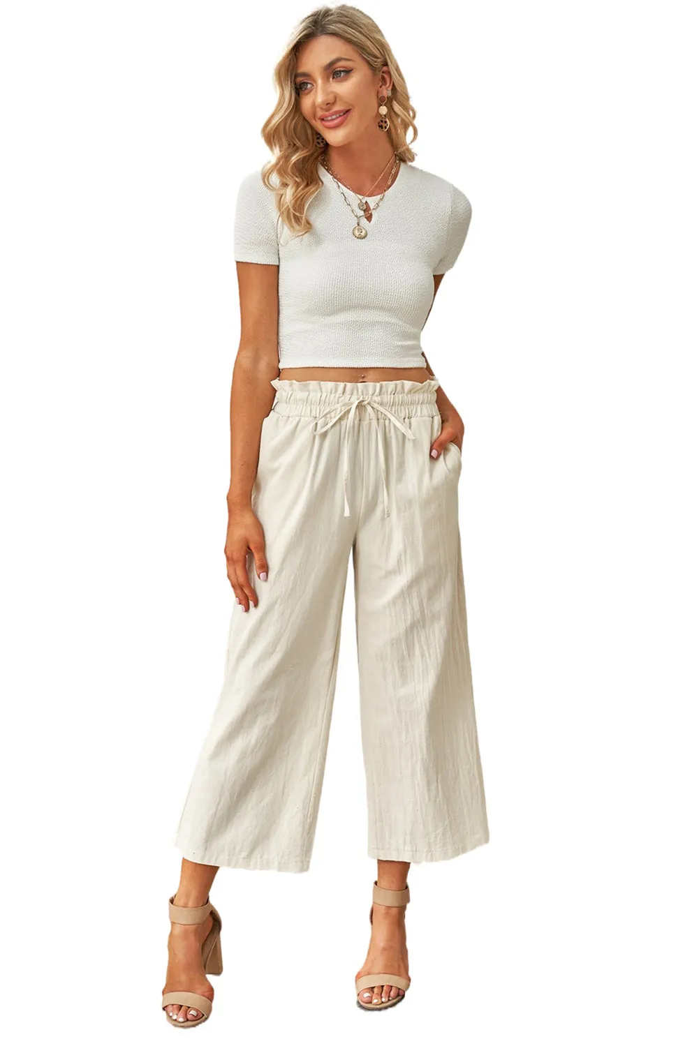 Women's High Waist Paper Bag Straight Leg Cropped Long Pants with Pocket