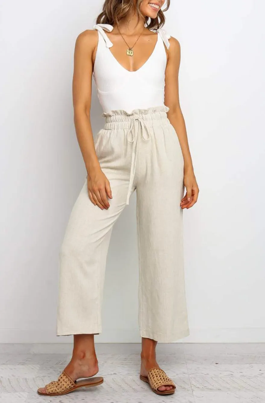 Women's High Waist Paper Bag Straight Leg Cropped Long Pants with Pocket