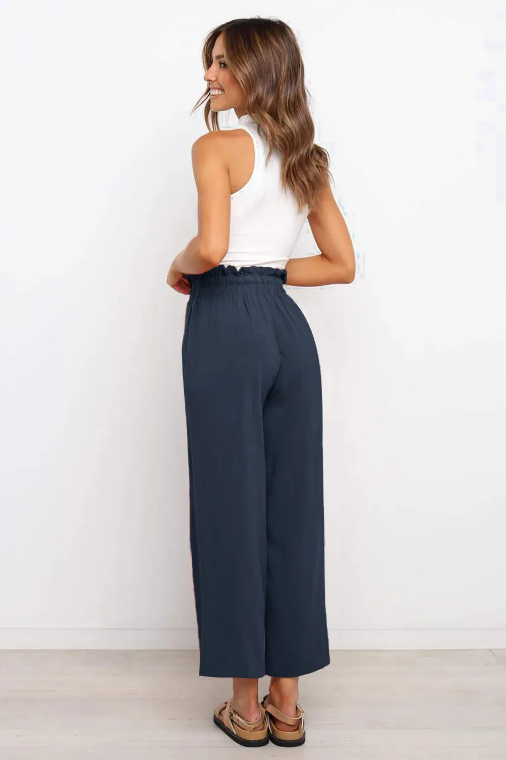 Women's High Waist Paper Bag Straight Leg Cropped Long Pants with Pocket