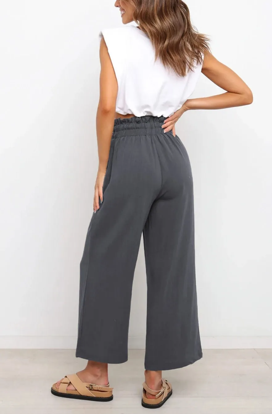 Women's High Waist Paper Bag Straight Leg Cropped Long Pants with Pocket