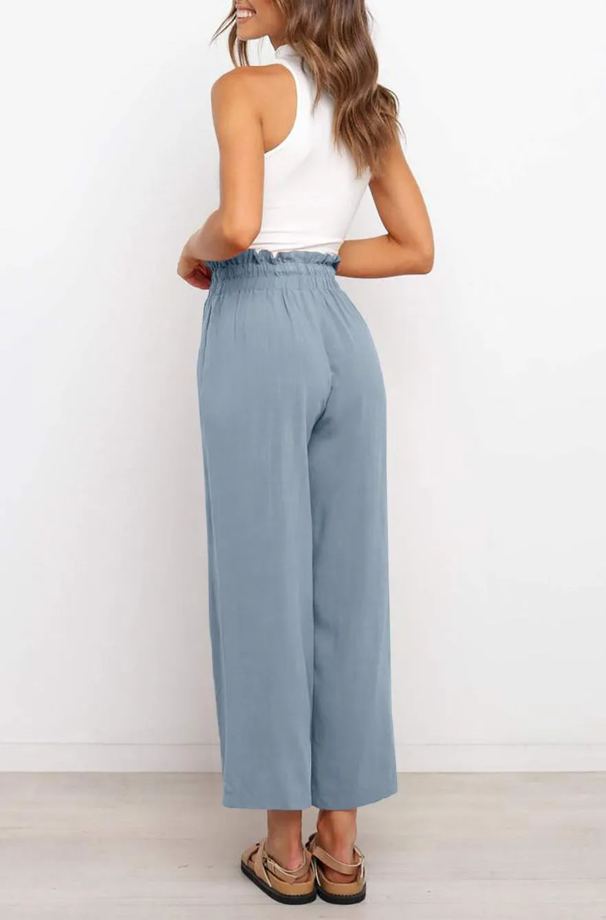 Women's High Waist Paper Bag Straight Leg Cropped Long Pants with Pocket