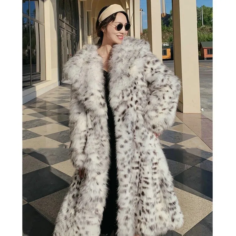 Women's Knee Length Mink Fur Coat with Leopard Print Style