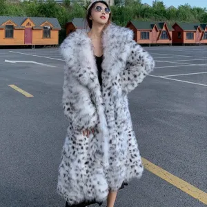 Women's Knee Length Mink Fur Coat with Leopard Print Style