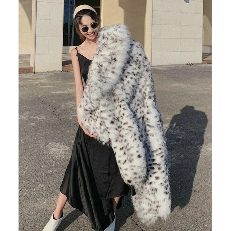 Women's Knee Length Mink Fur Coat with Leopard Print Style