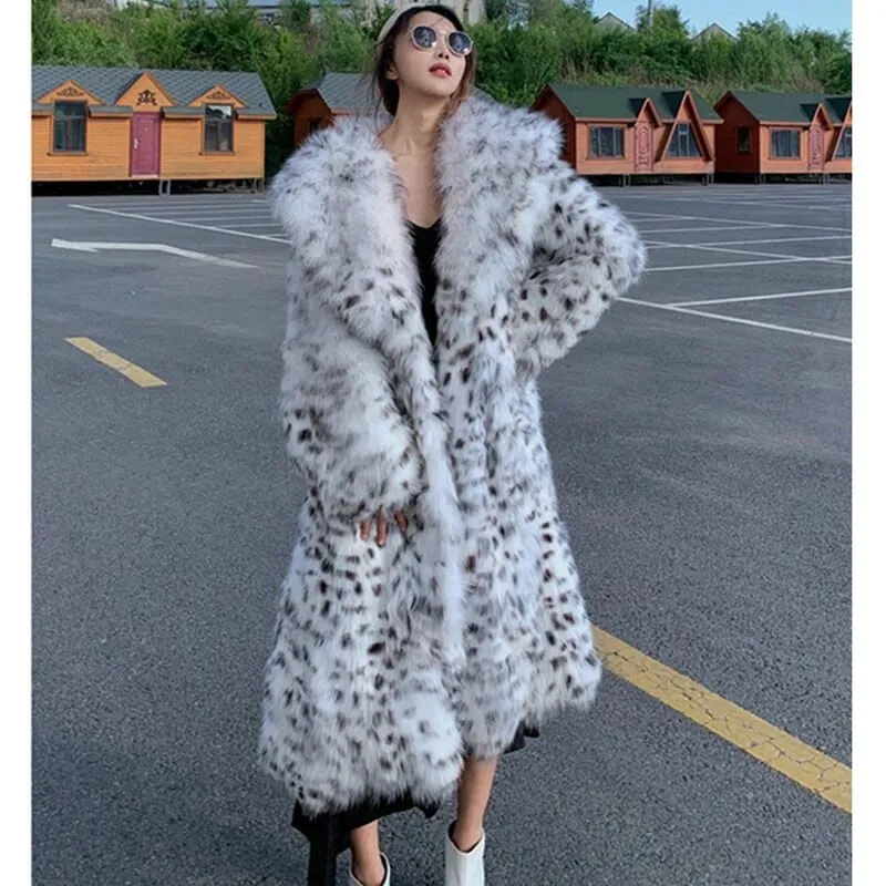 Women's Knee Length Mink Fur Coat with Leopard Print Style