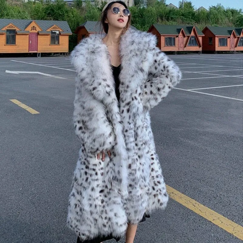 Women's Knee Length Mink Fur Coat with Leopard Print Style