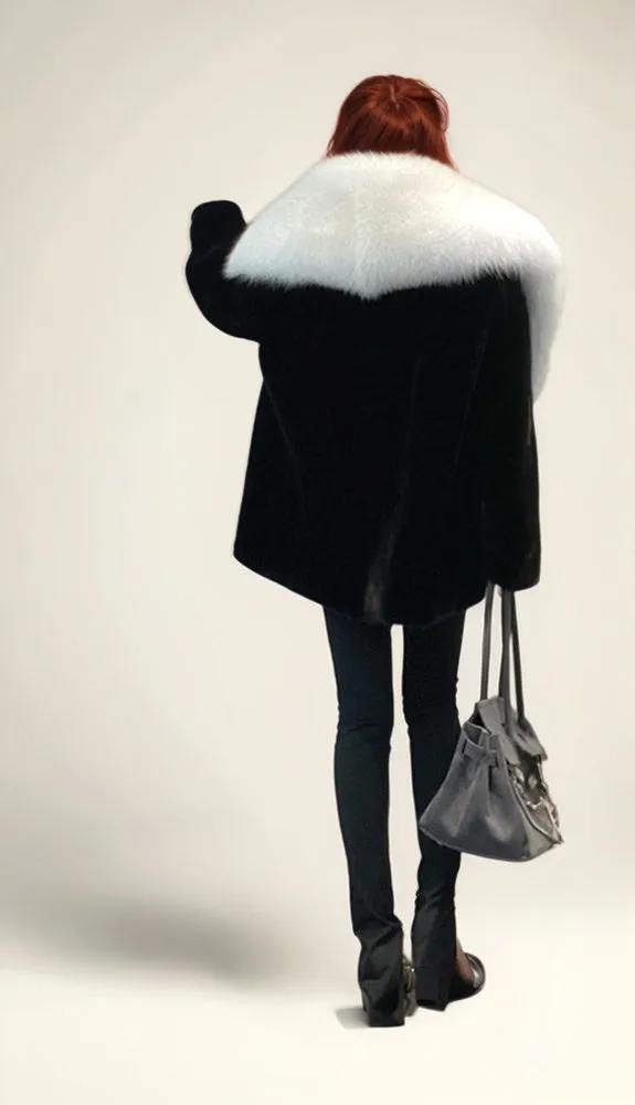 Women's Mink Fur Jacket With Fox Fur Collar - Silver Fox and Mink - G0024