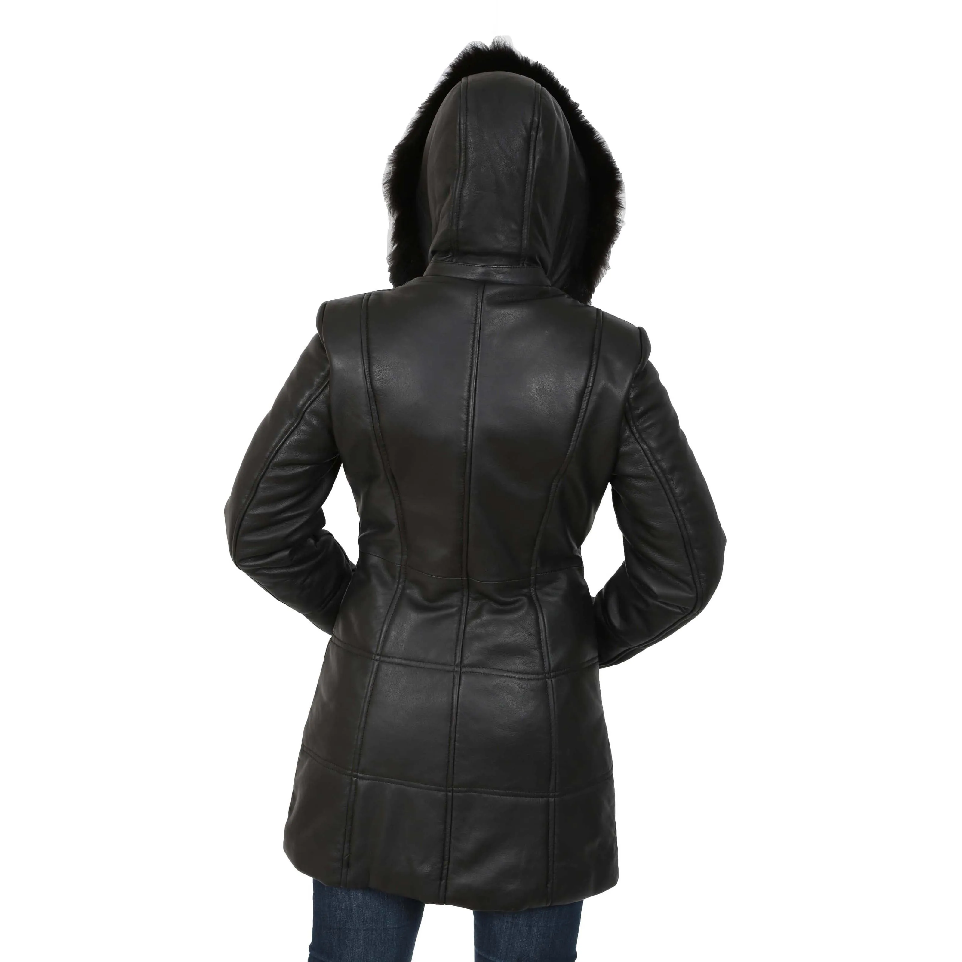 Womens Quilted 3/4 Long Parka Leather Coat with Hood Kelly Black