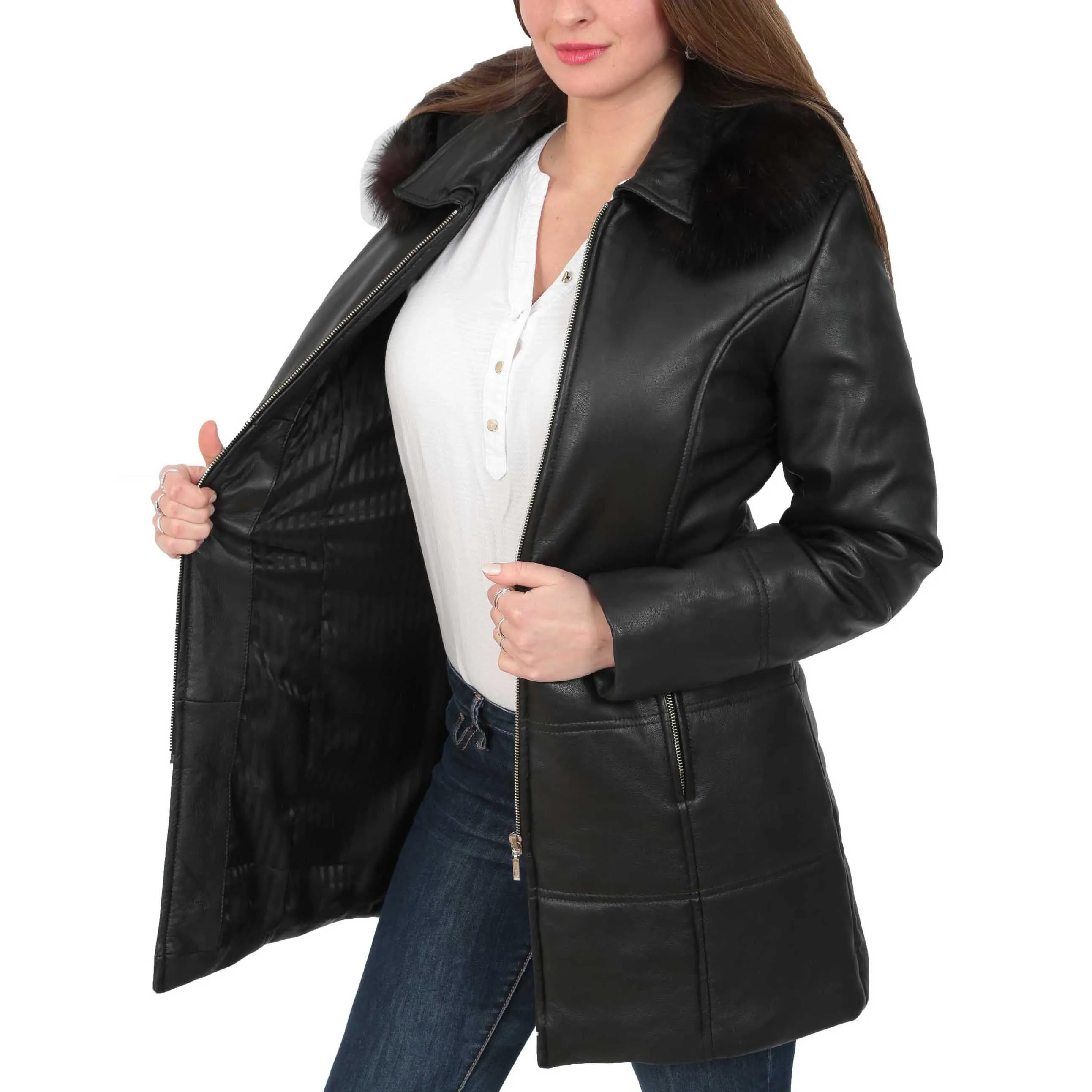 Womens Quilted 3/4 Long Parka Leather Coat with Hood Kelly Black