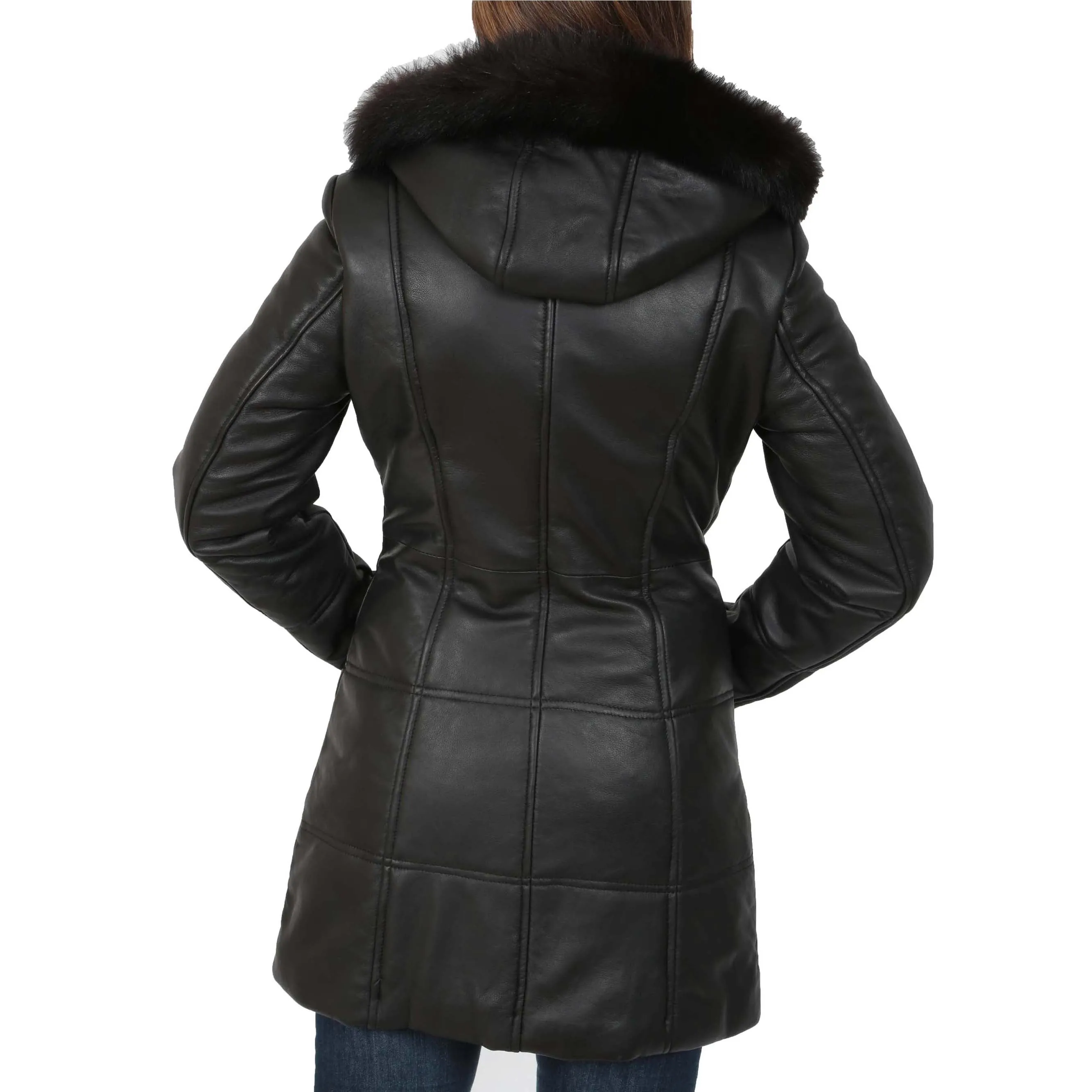 Womens Quilted 3/4 Long Parka Leather Coat with Hood Kelly Black