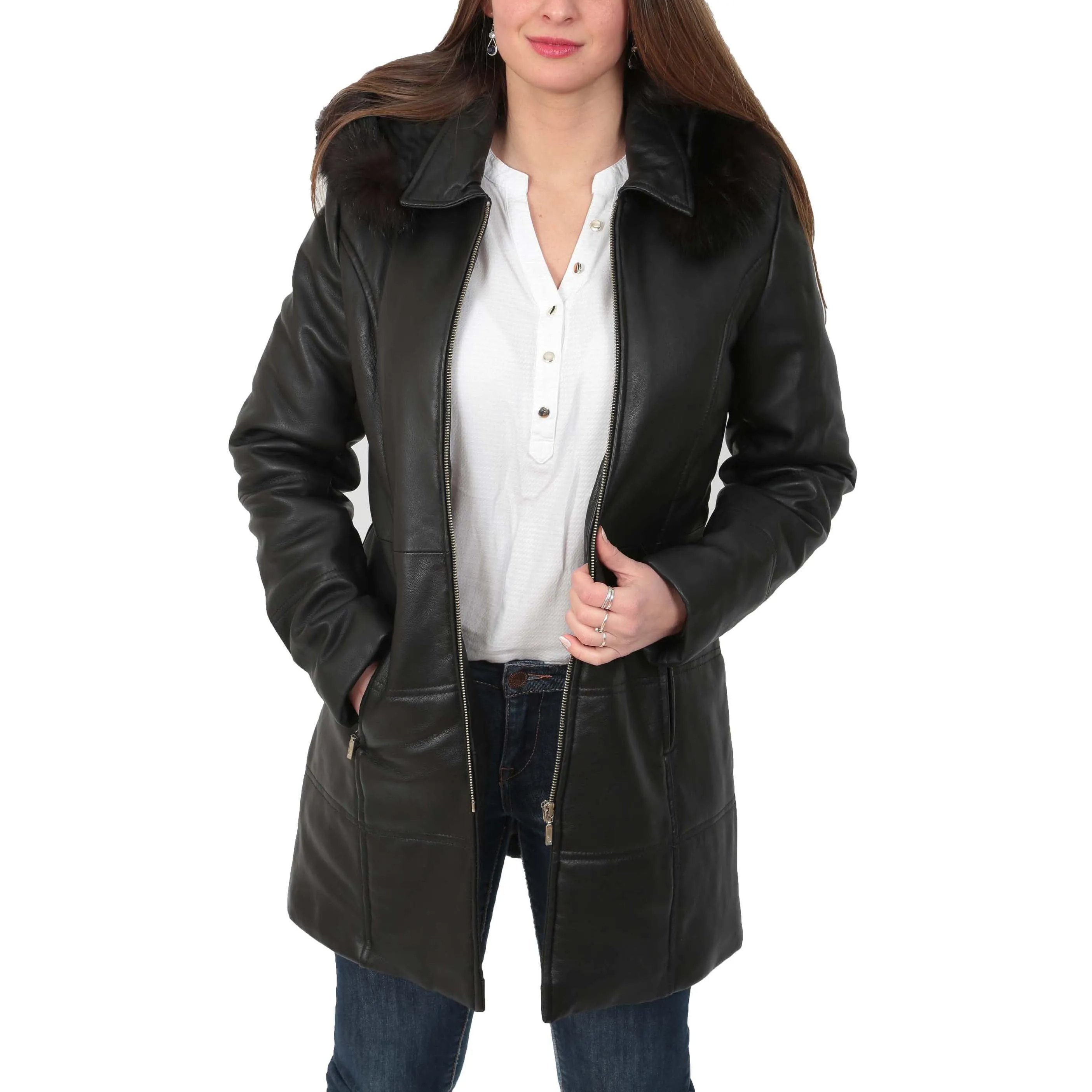 Womens Quilted 3/4 Long Parka Leather Coat with Hood Kelly Black