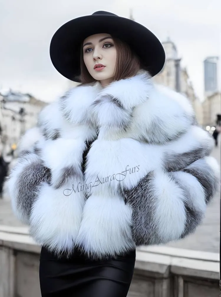 Women's Real Fox Fur Jacket  - Artic Marble Frost Fox - G008