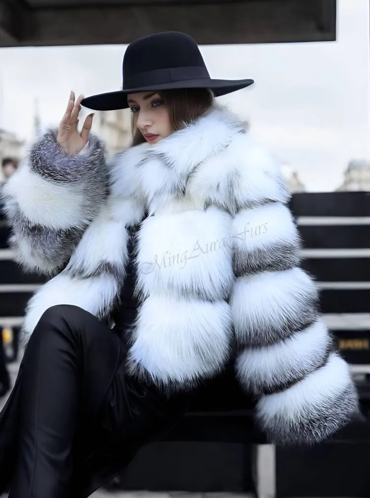 Women's Real Fox Fur Jacket  - Artic Marble Frost Fox - G008